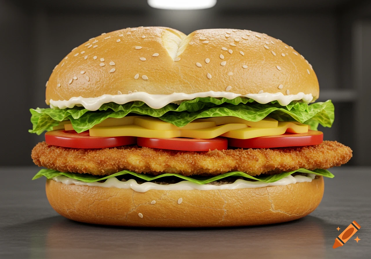 Realistic chicken cutlet sandwich on a kaiser bun.