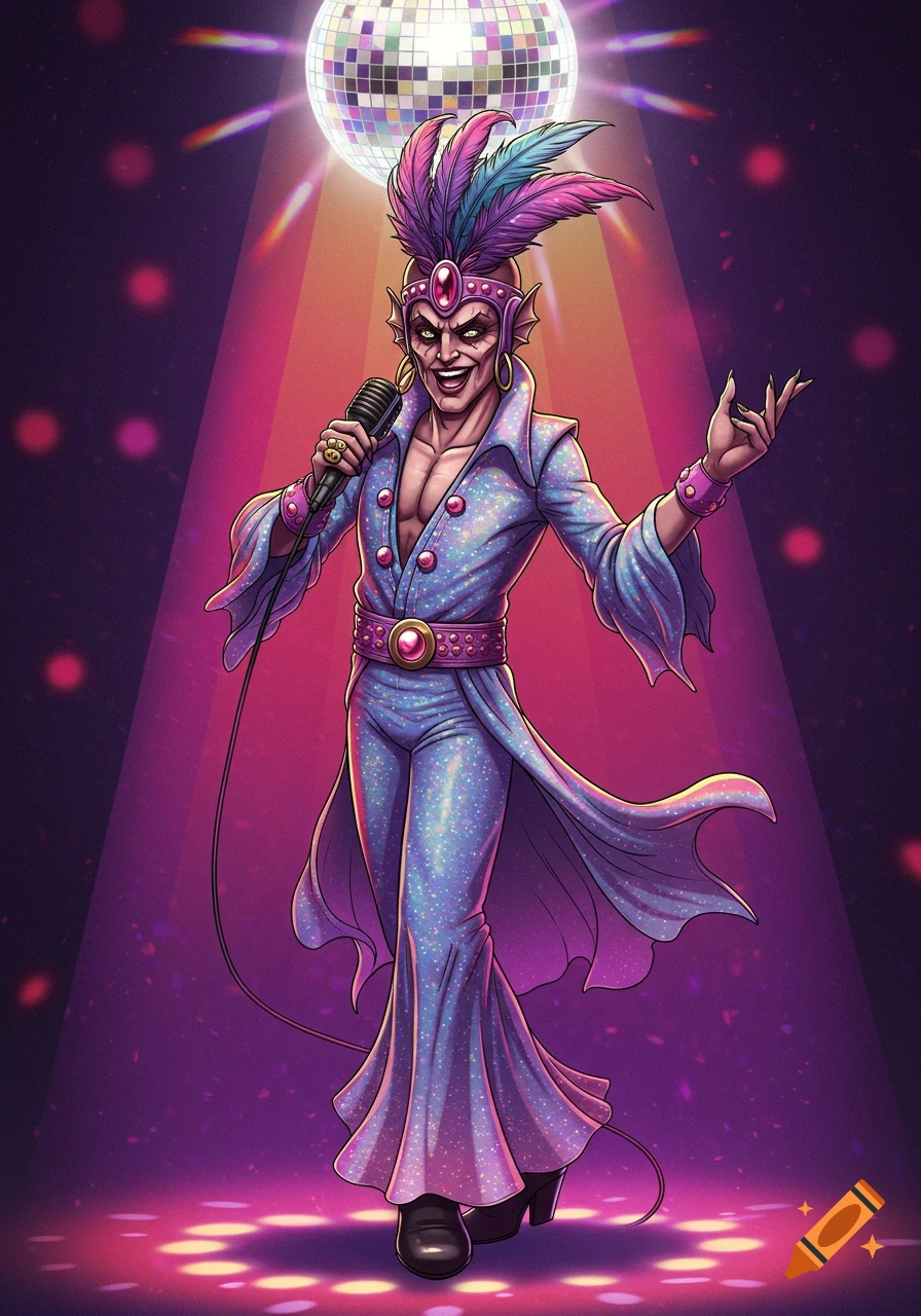 A stylized character resembling Vecna in a sparkling disco jumpsuit sings into a microphone under a disco ball.