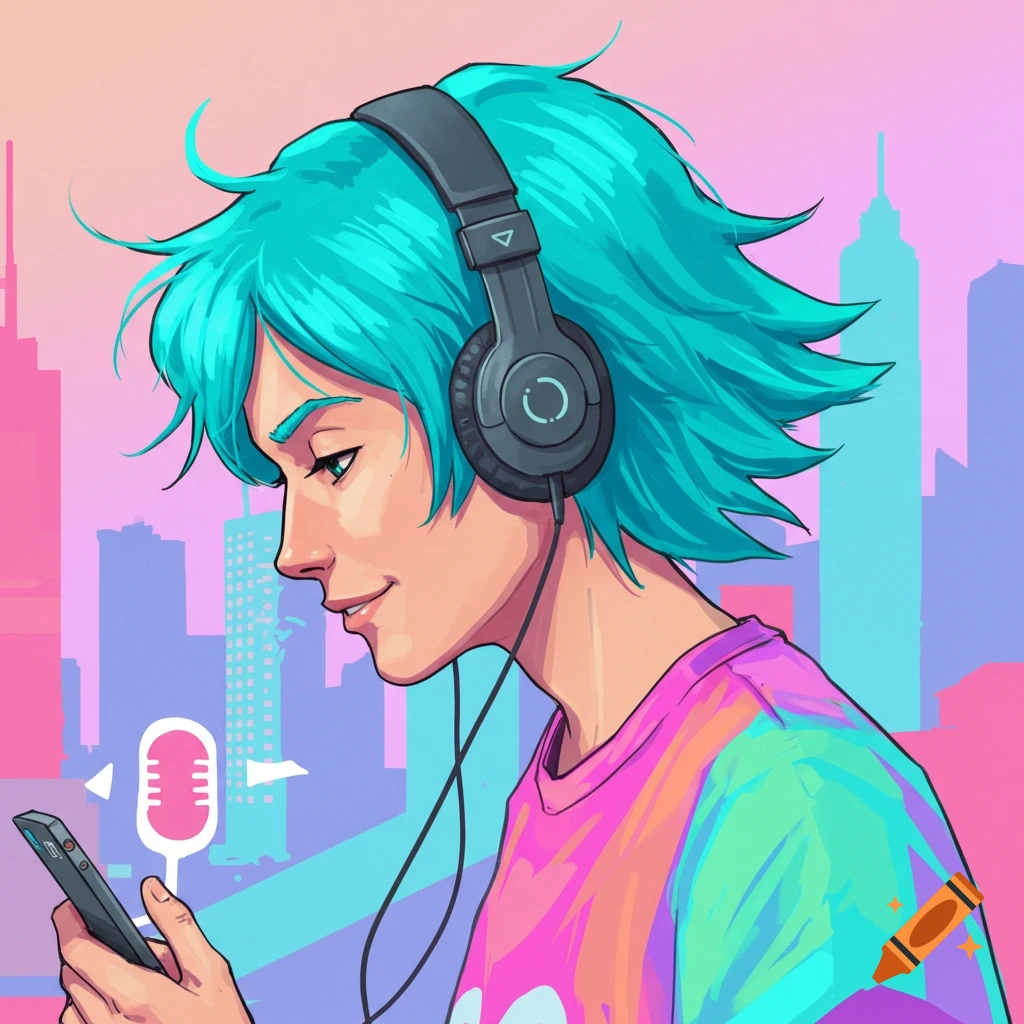 Illustration of a person with teal hair listening to a podcast on headphones while looking at a phone in front of a city skyline.