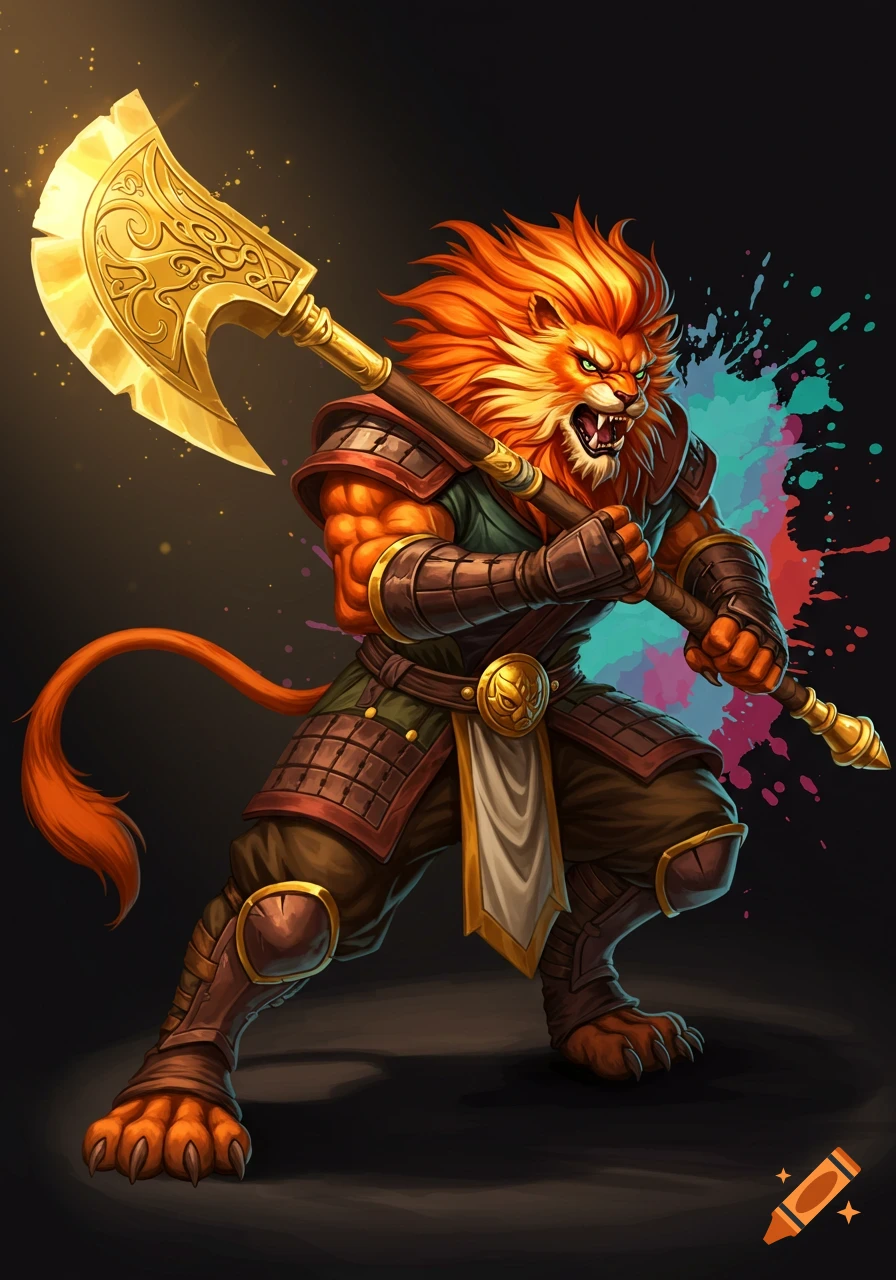 An orange leonin fantasy fighter in armor holds a large golden greataxe against a dark background.