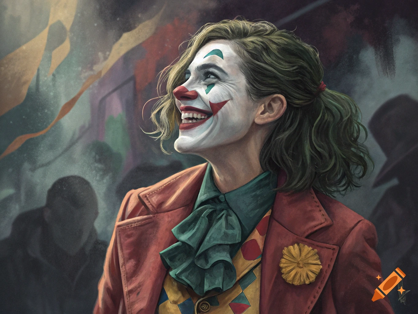 Painterly portrait of a person dressed as the Joker, smiling and looking upward.