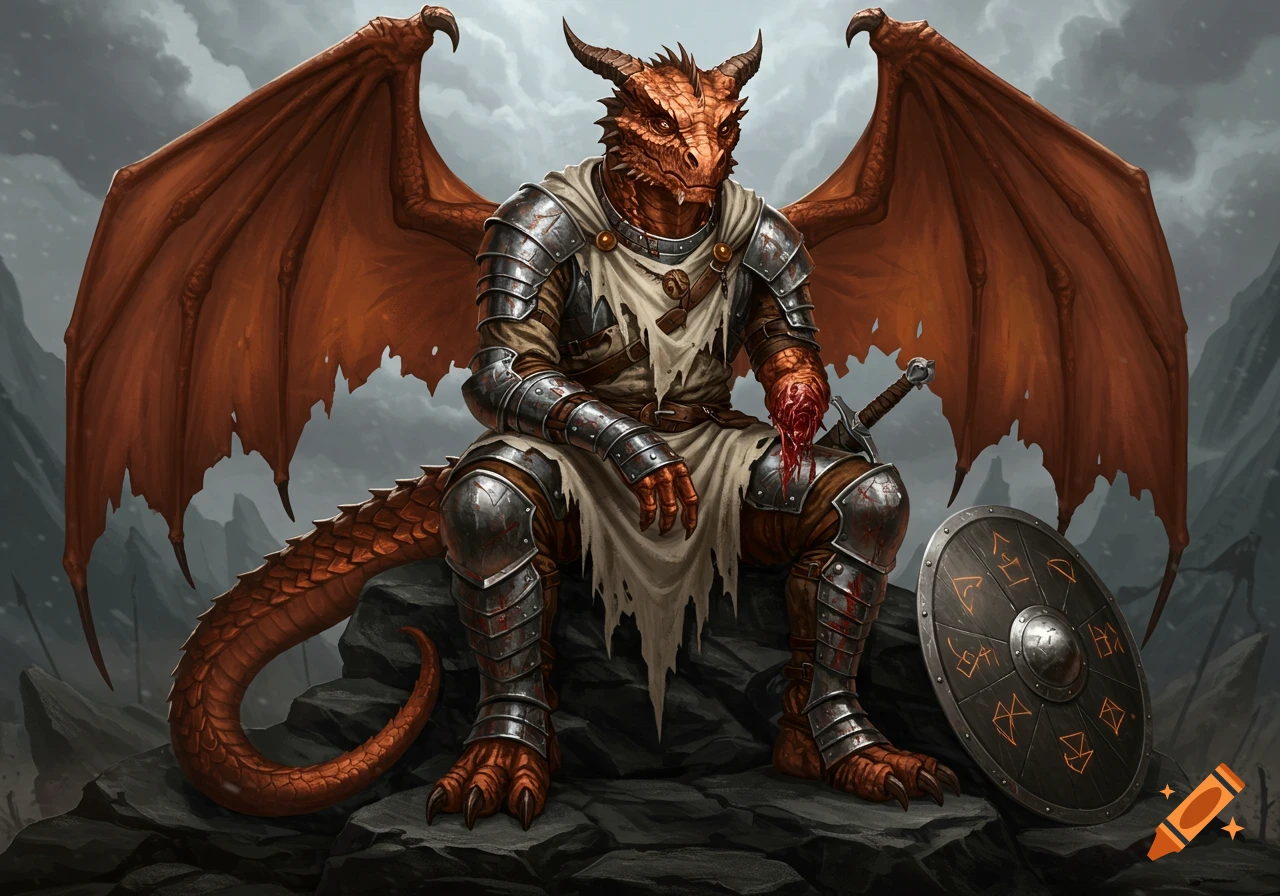 A copper dragonborn fighter with a missing arm sits on a rock in armor, dark fantasy style.