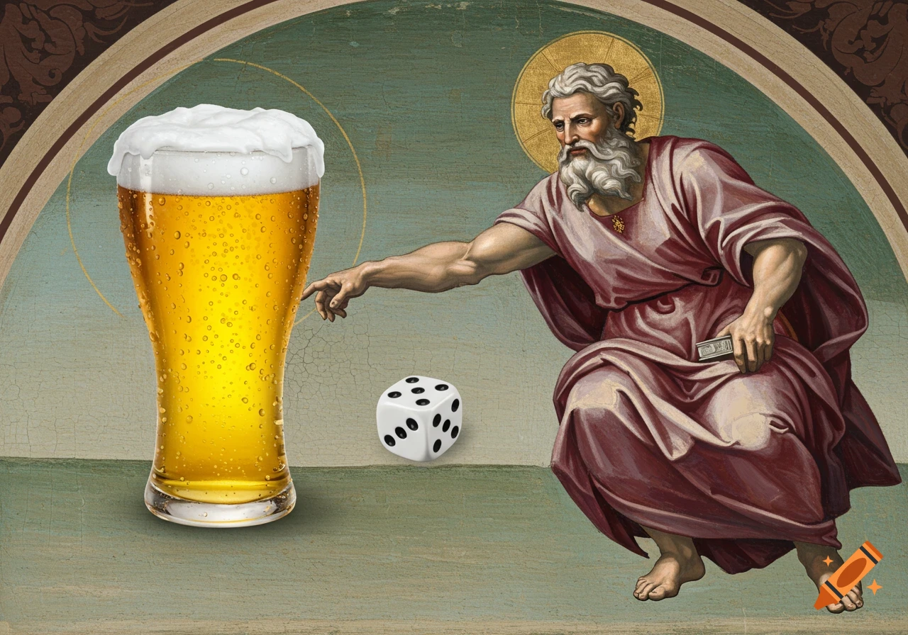 Figure like Michelangelo's God reaching for a beer and a die in classical painting style.