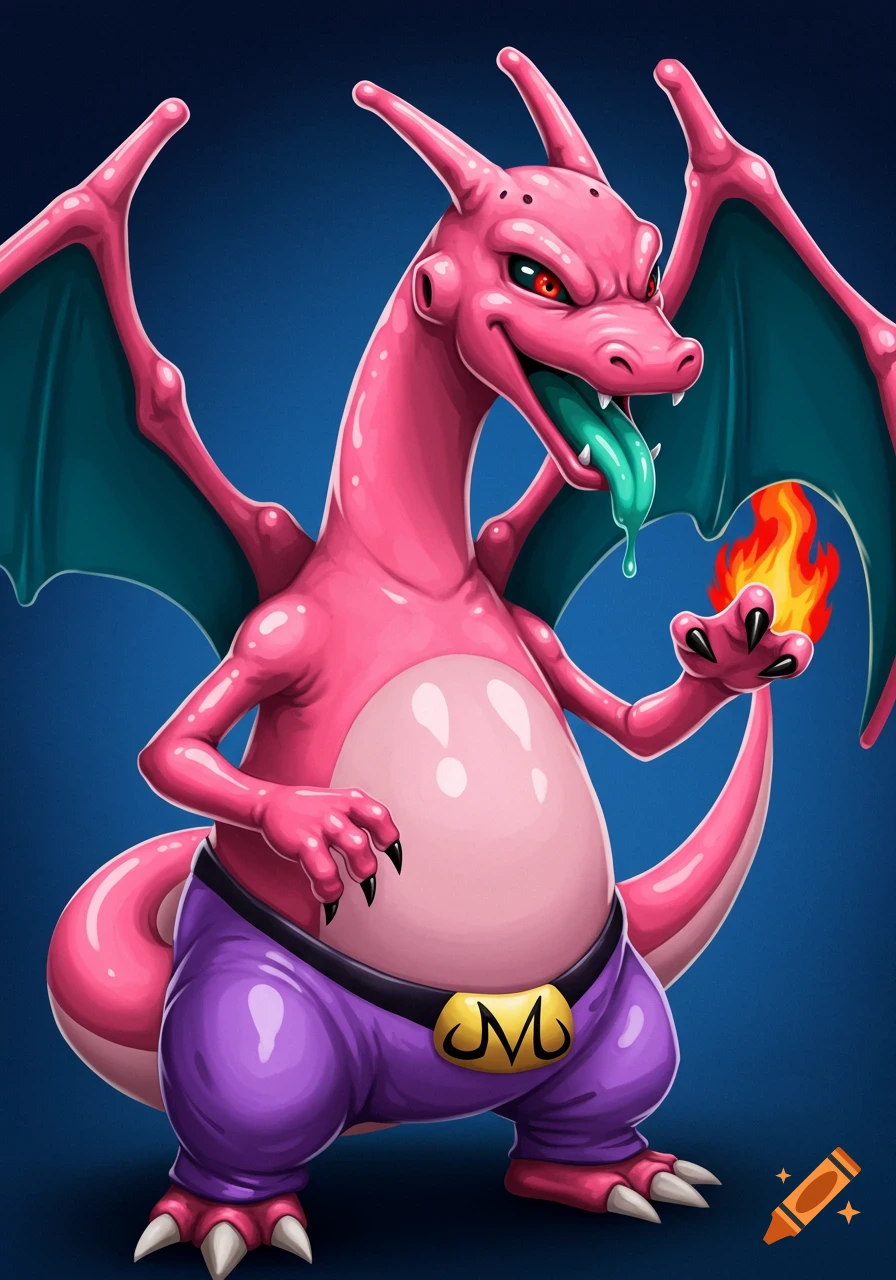 A pink, rubbery Charizard wearing purple pants with a gold 'M' belt buckle, with red eyes and a blue-green tongue, holding fire.
