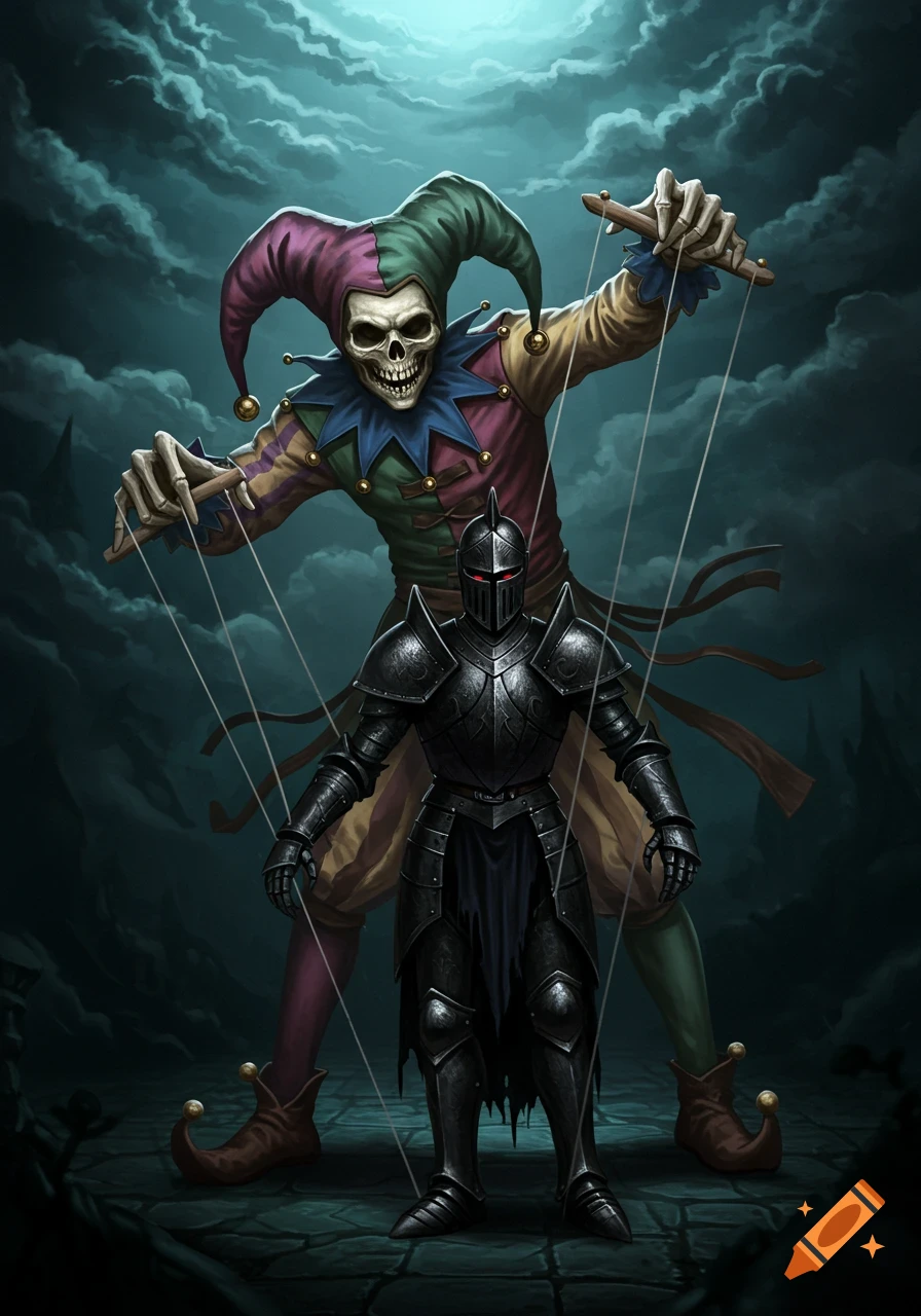 A skeletal jester uses strings to puppet a dark knight against a cloudy sky background.