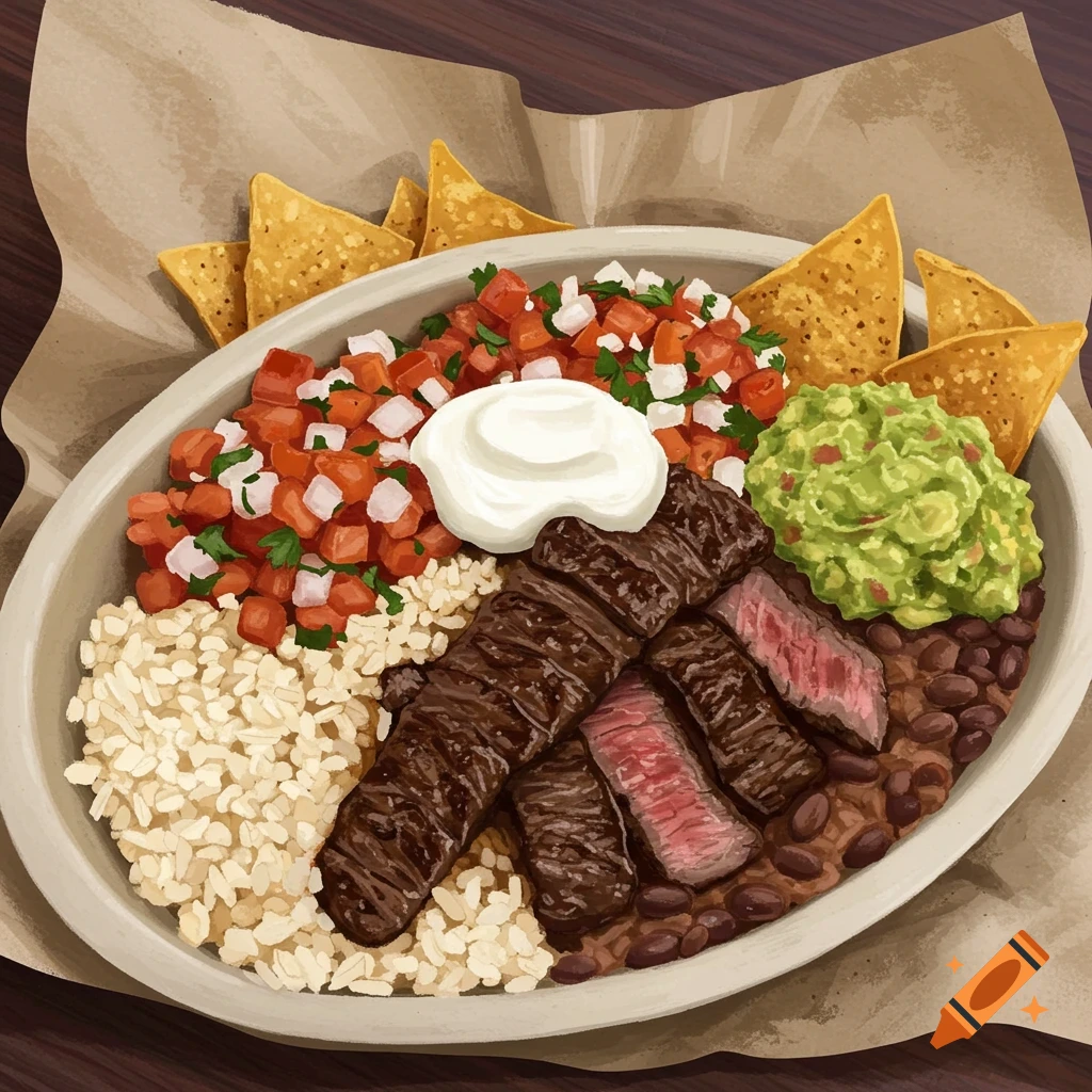 Illustrated Chipotle bowl with steak, rice, black beans, pico de gallo, sour cream, guacamole, and chips.
