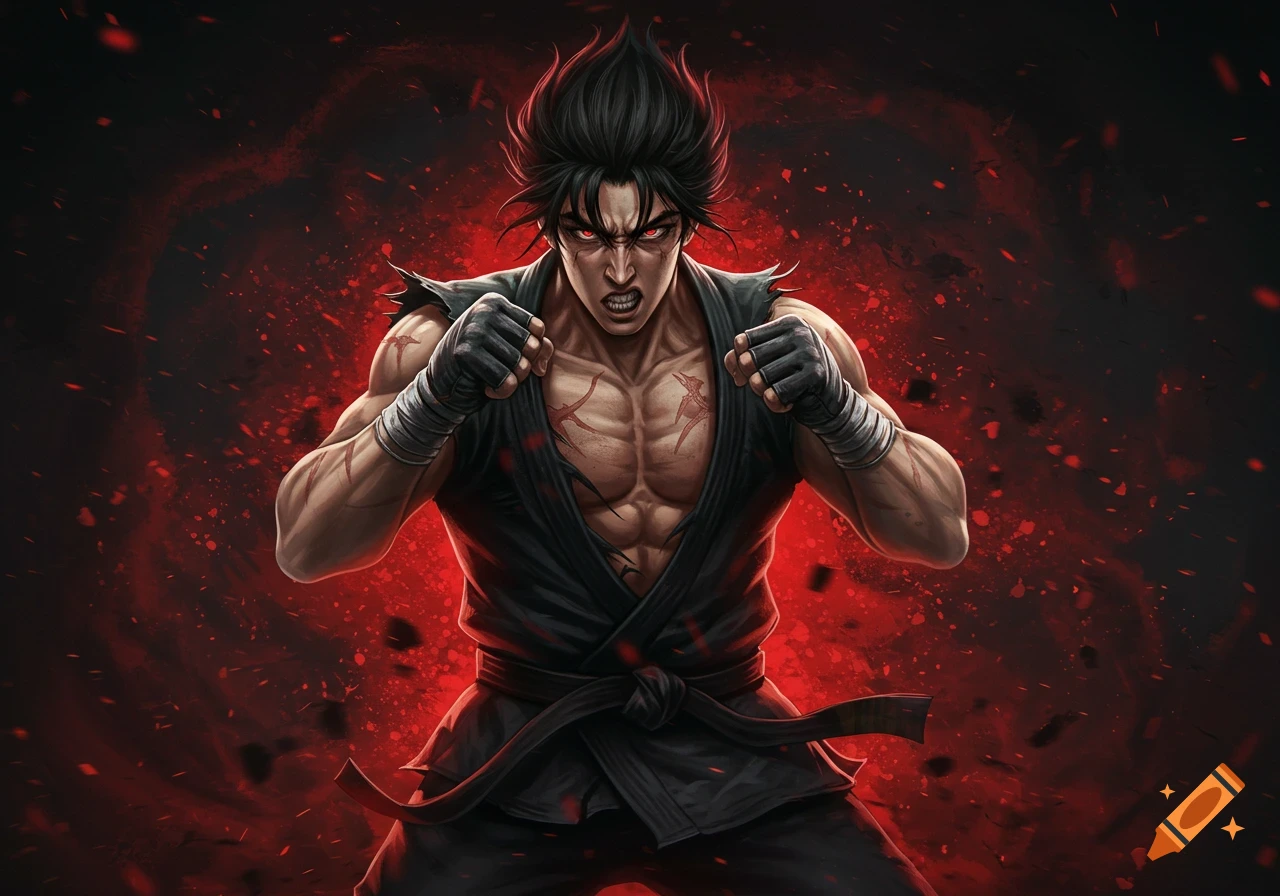 Anime style illustration of a muscular man in a black gi with red eyes and scars, in a fighting stance against a red and black background.