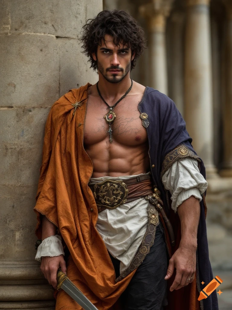 Portrait of a man in historical costume, leaning against a column with a sword.