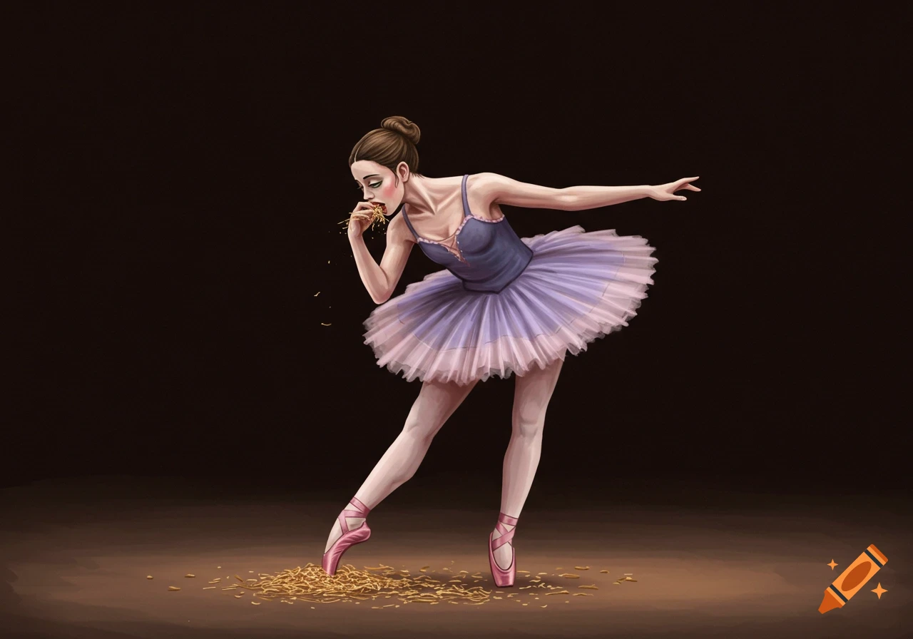 Illustration of a ballerina in a purple tutu eating sawdust