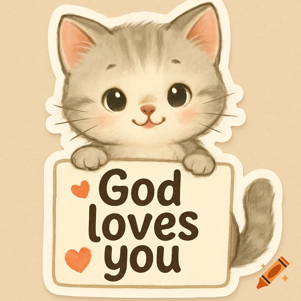 Cute cartoon kitten holding a sign that reads 'God loves you'