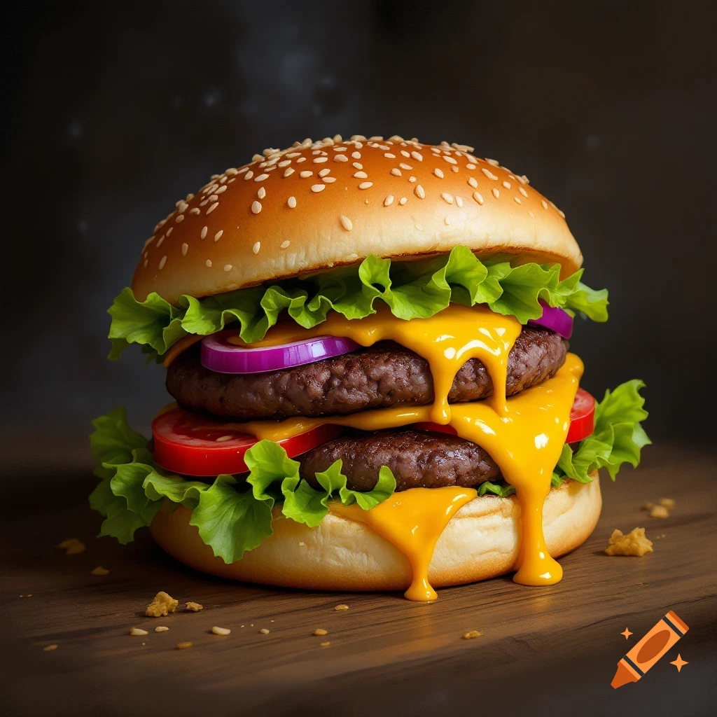 A close-up, photorealistic image of a double cheeseburger with lettuce, onion, and tomato, dripping with melted cheese.