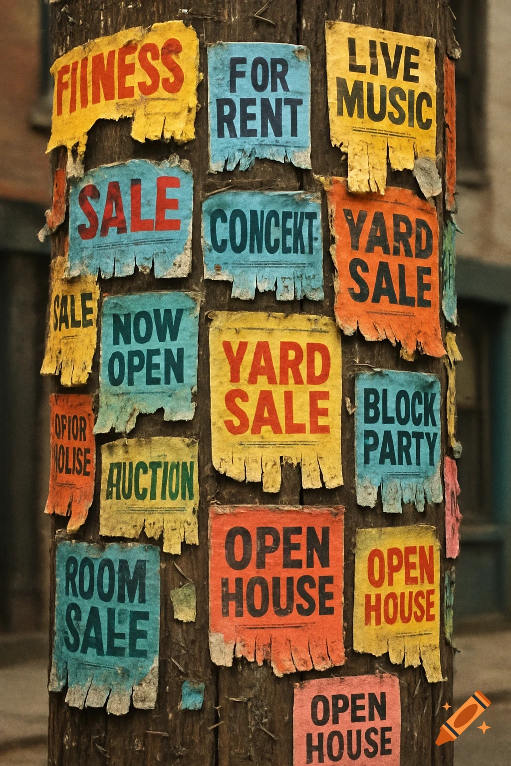 A telephone pole covered in colorful, weathered posters advertising various events and sales.
