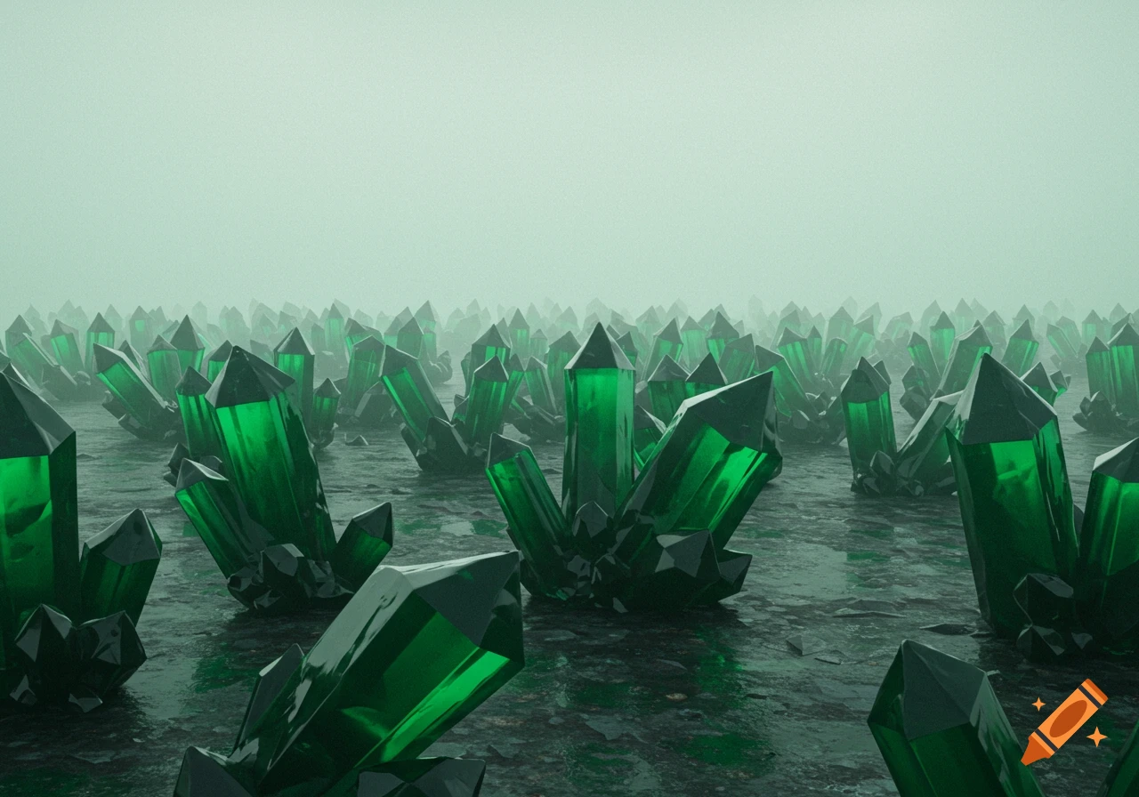 A field of many large green crystals on dark ground under a misty green sky.