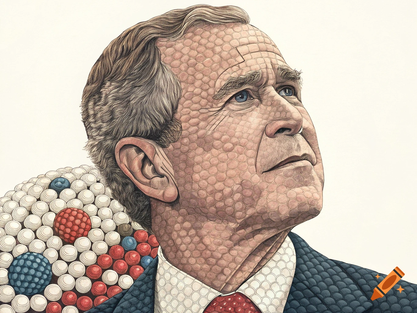 Close-up illustration of George Bush looking up, rendered with skin, suit, and tie made of a texture of small balls.