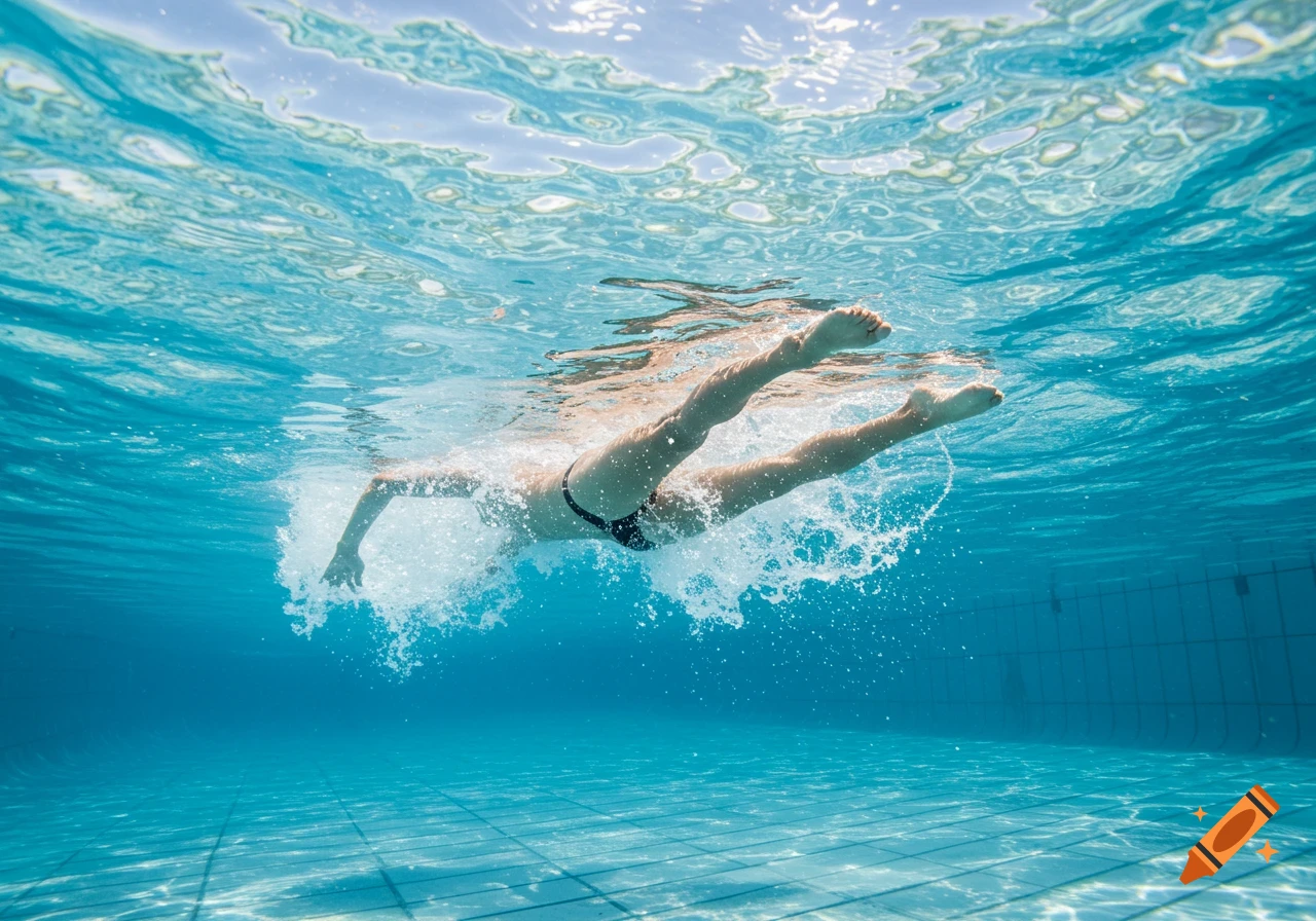 A person swims underwater in a pool, viewed from below the surface.