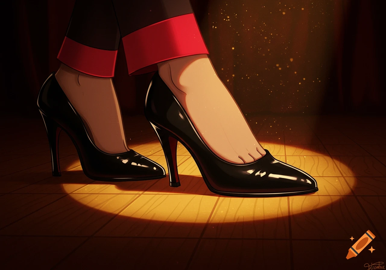 Stylized illustration of feet in black patent leather high heels with red soles on a wooden floor under a spotlight.