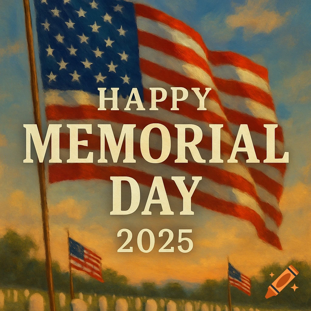 A painting of an American flag waving over a military cemetery with the text 'HAPPY MEMORIAL DAY 2025'.