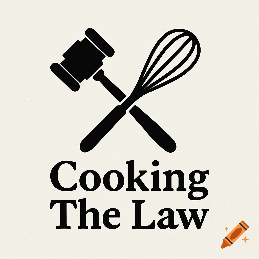Logo with crossed gavel and whisk above 'Cooking The Law'
