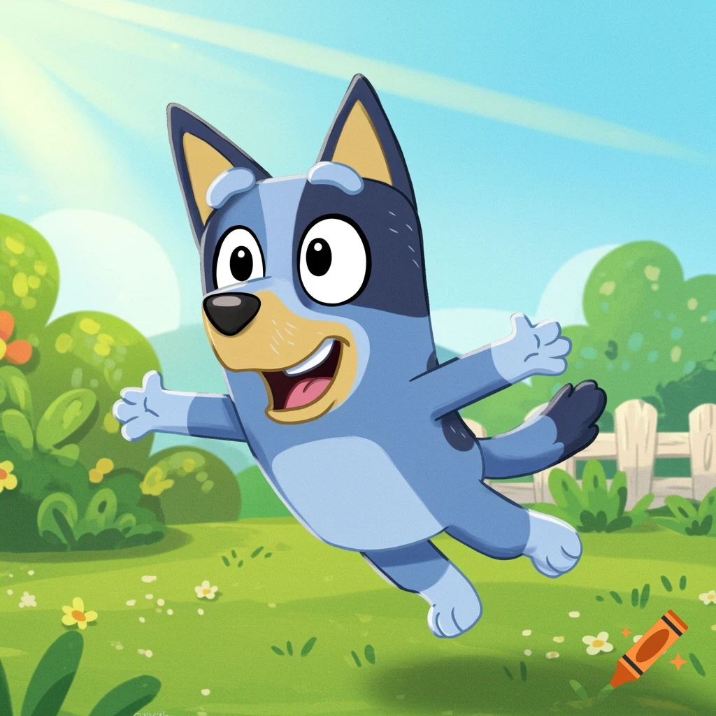 Bluey cartoon dog jumping in a sunny field