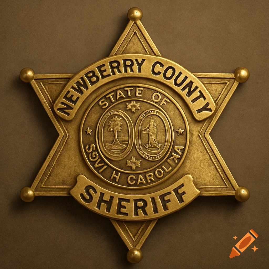 A gold Newberry County Sheriff's badge against a brown background.