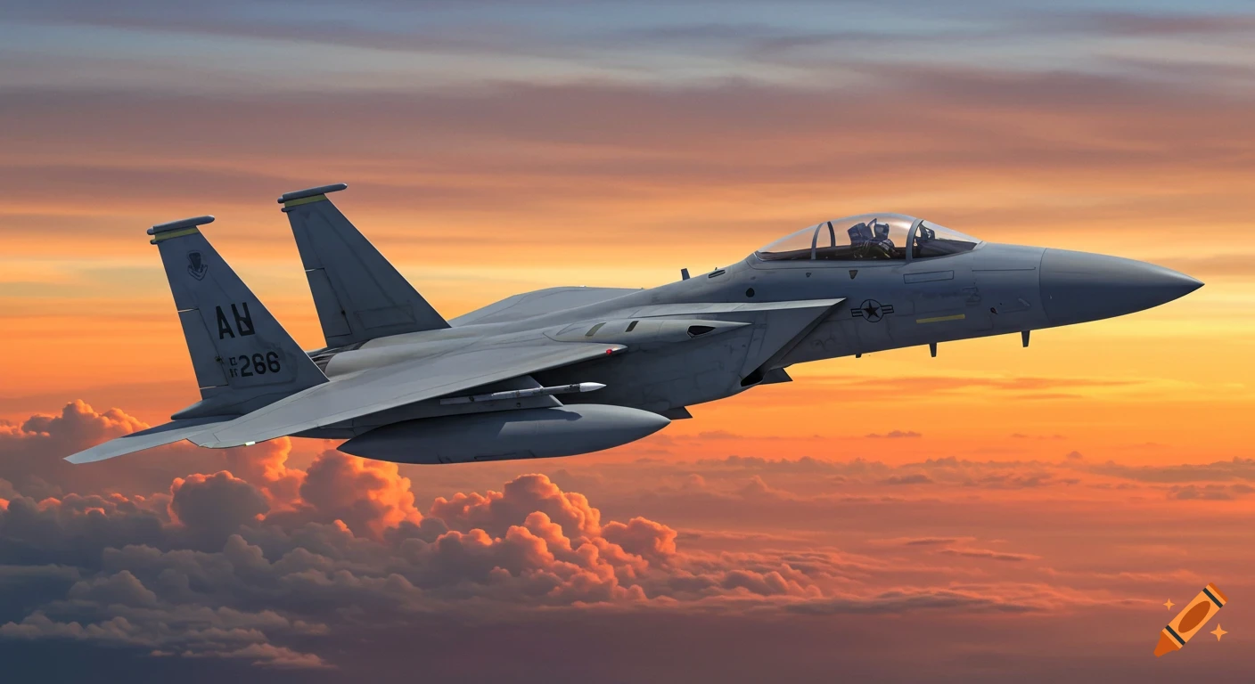 An F-15 fighter jet flies through a vibrant orange and purple sunset sky above clouds.