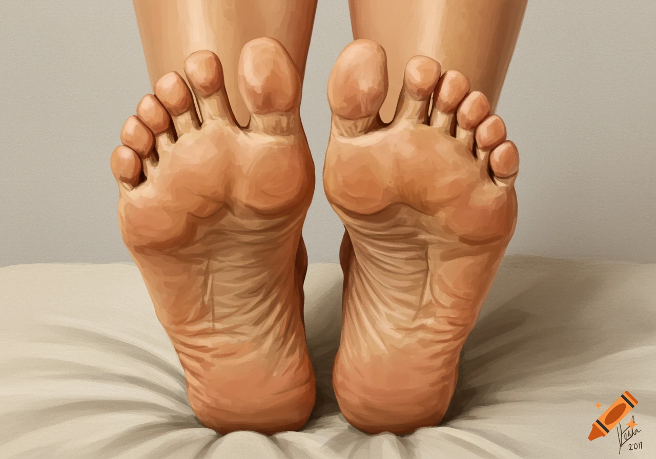 A close-up illustration showing the soles of two feet.