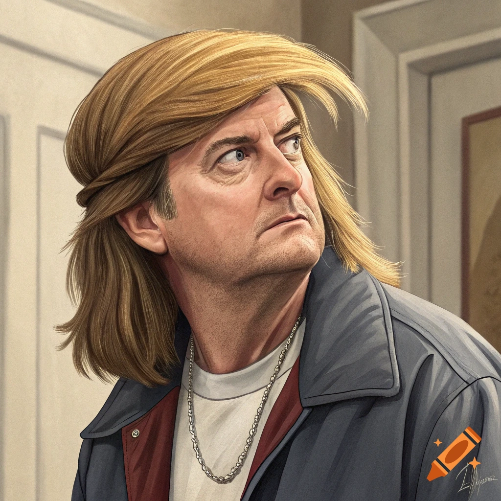 Stylized portrait of a man with a prominent blond hairstyle, wearing a jacket and necklace