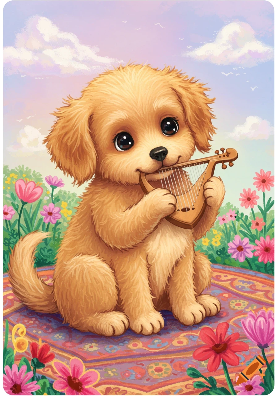 Cute illustrated puppy playing a harp on a patterned rug in a flower field.