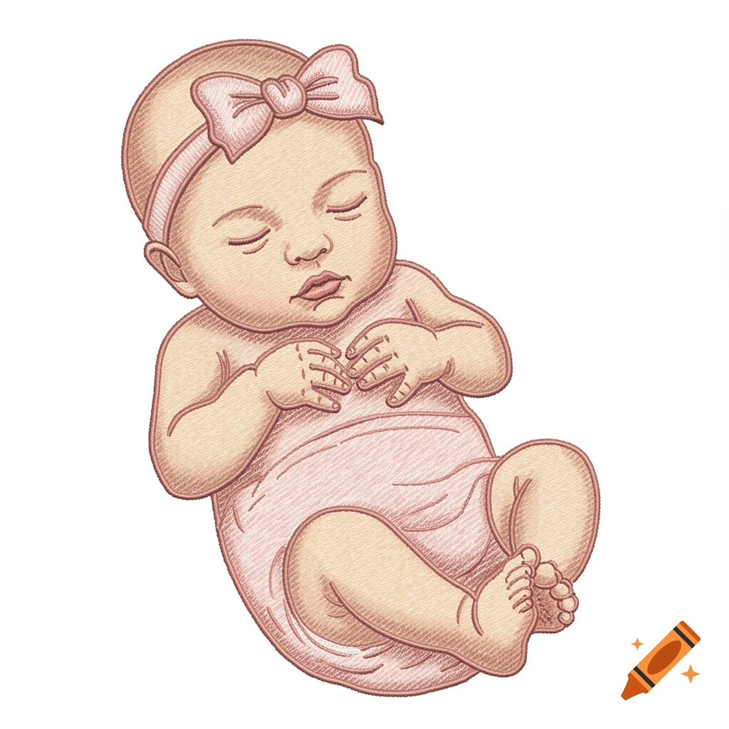 Embroidery style drawing of a sleeping baby girl with a pink bow.