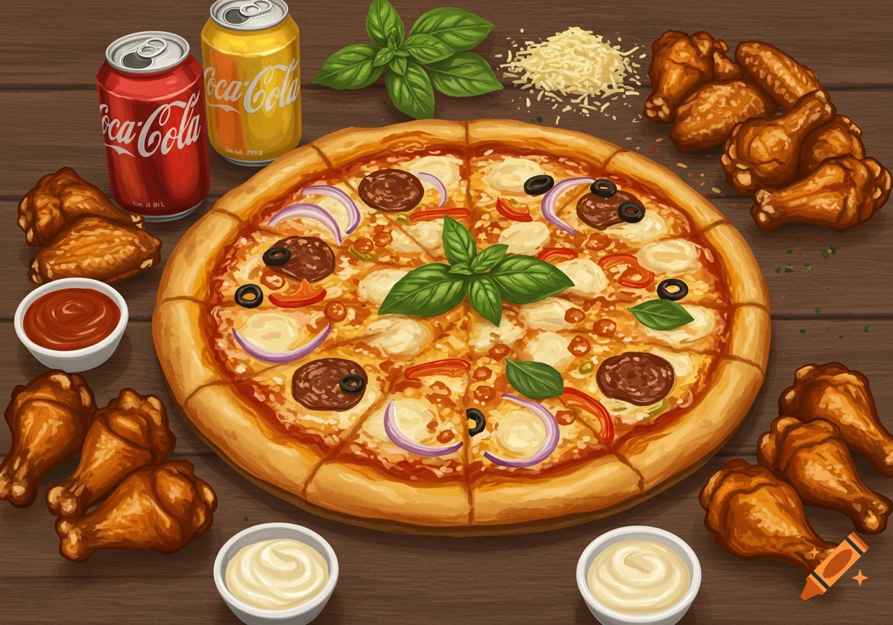 Top-down illustration of a pizza, chicken wings, sodas, and sauces on a wooden table.