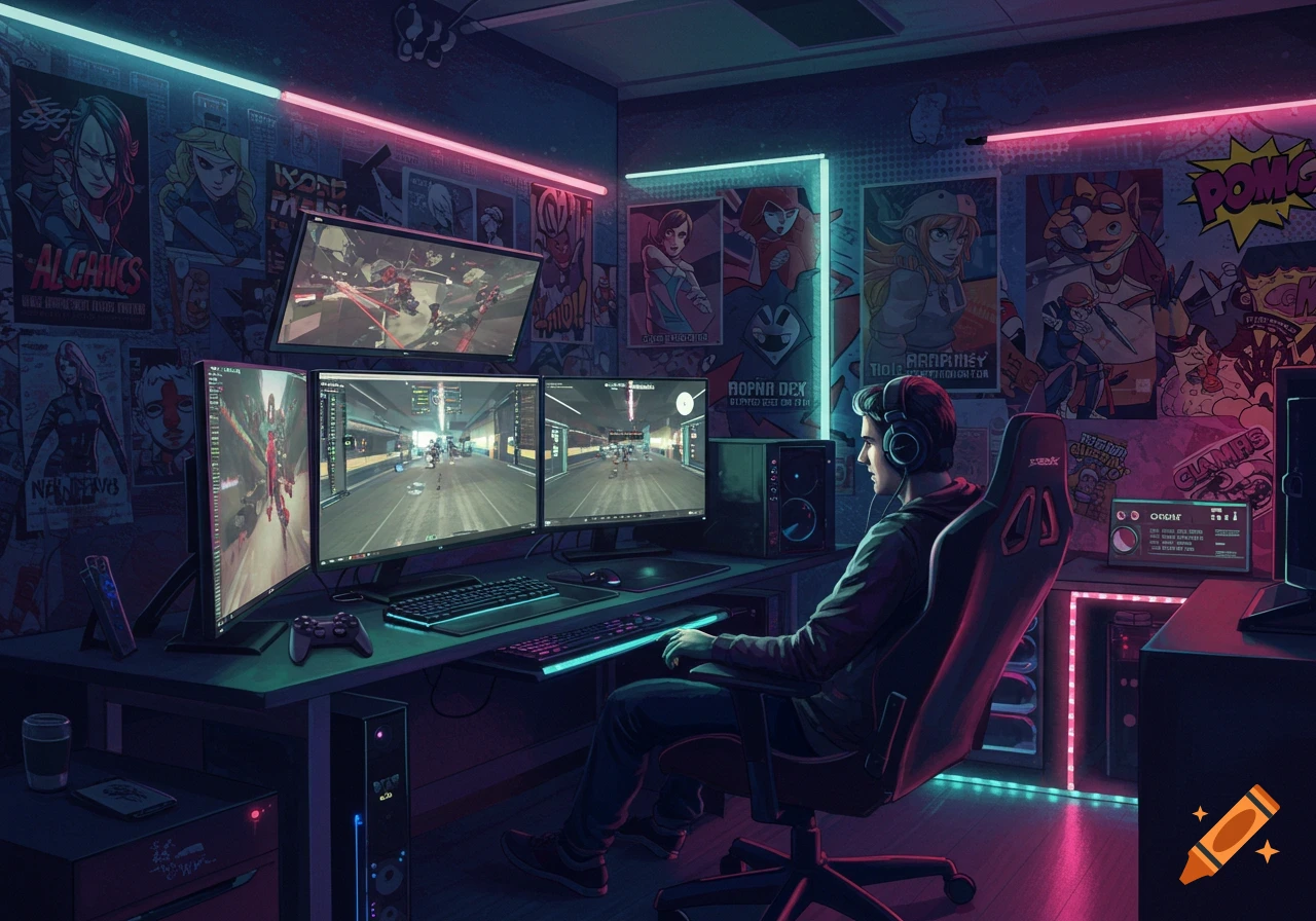A person sits in a gaming chair in a neon-lit room, surrounded by multiple monitors displaying games and posters on the walls.