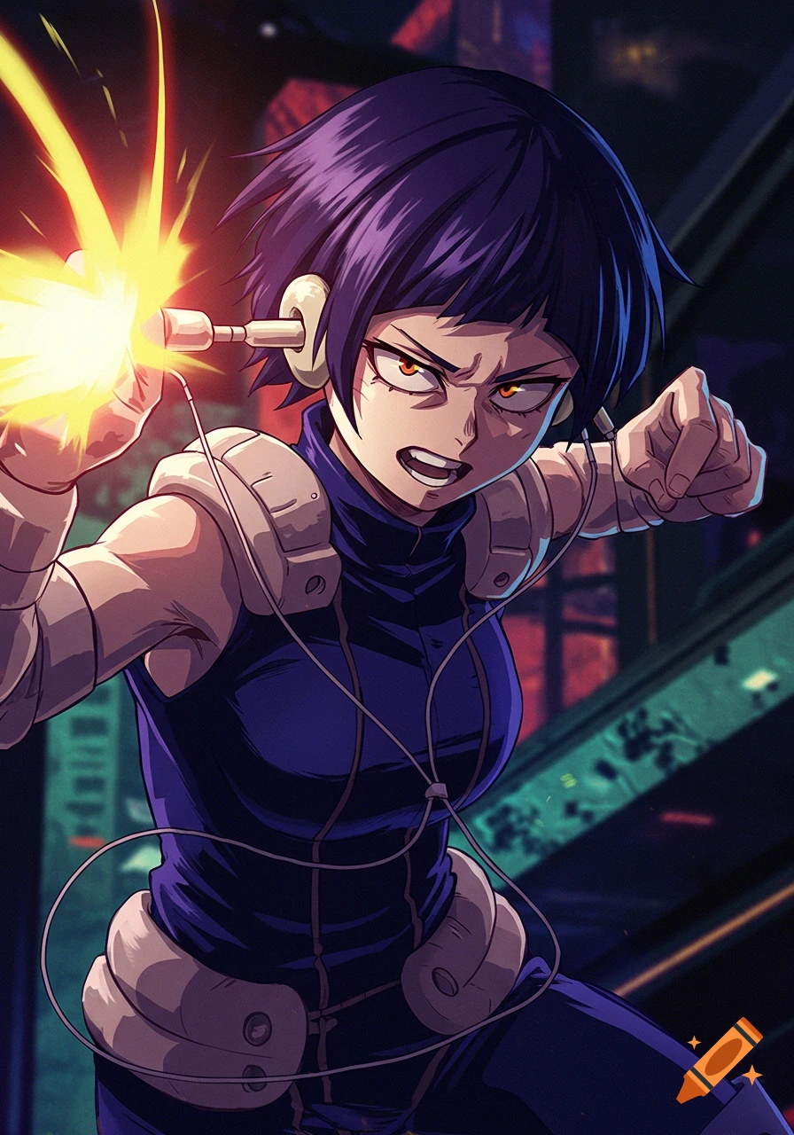 Jiro from My Hero Academia in action, using her earphone jacks, in a dynamic anime style.