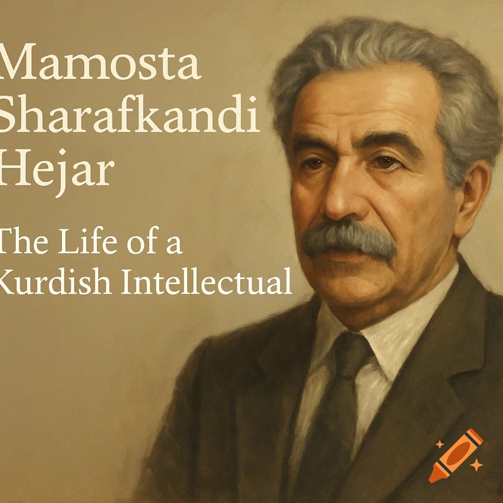 Painted portrait of a man in a suit and tie, with text overlay reading 'Mamosta Sharafkandi Hejar: The Life of a Kurdish Intellectual'.