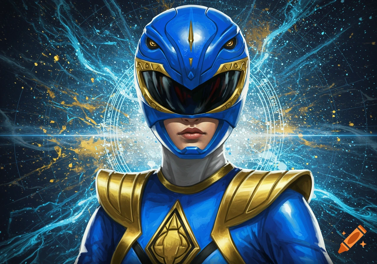 Illustration of a Blue Power Ranger with a blue and gold suit and helmet against an energy background.