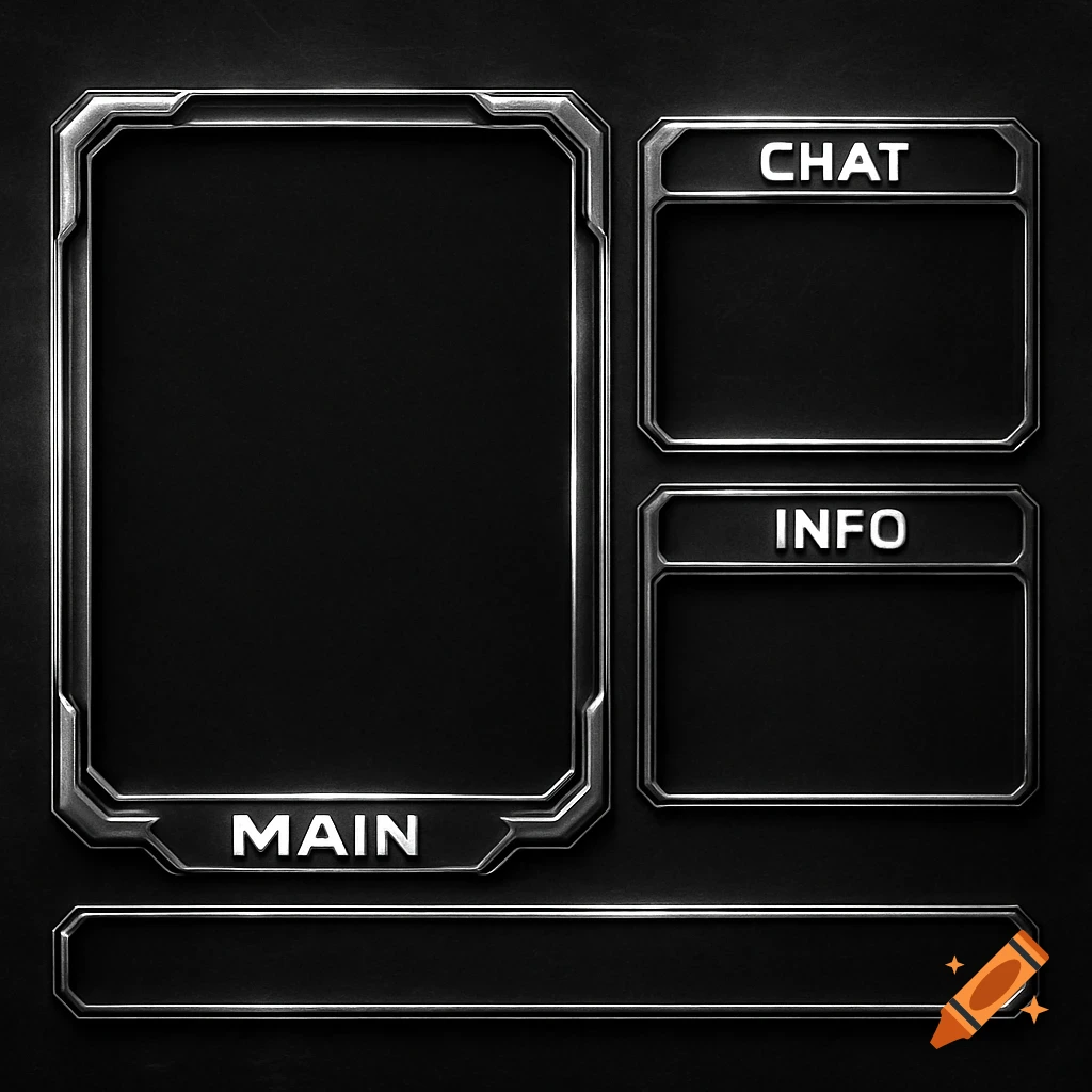 Dark metallic streaming layout with panels for main content, chat, and info.