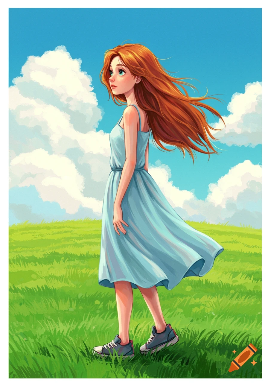 An illustration of a girl with long red hair and a blue dress standing ...