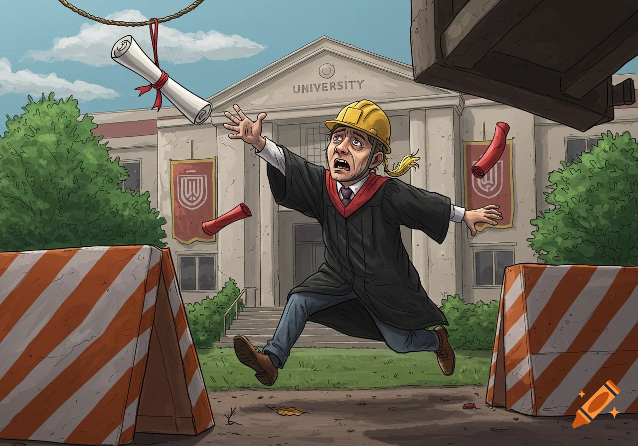 Cartoon illustration of a student in a graduation gown and hard hat struggling to reach a diploma hanging too high in front of a university building.