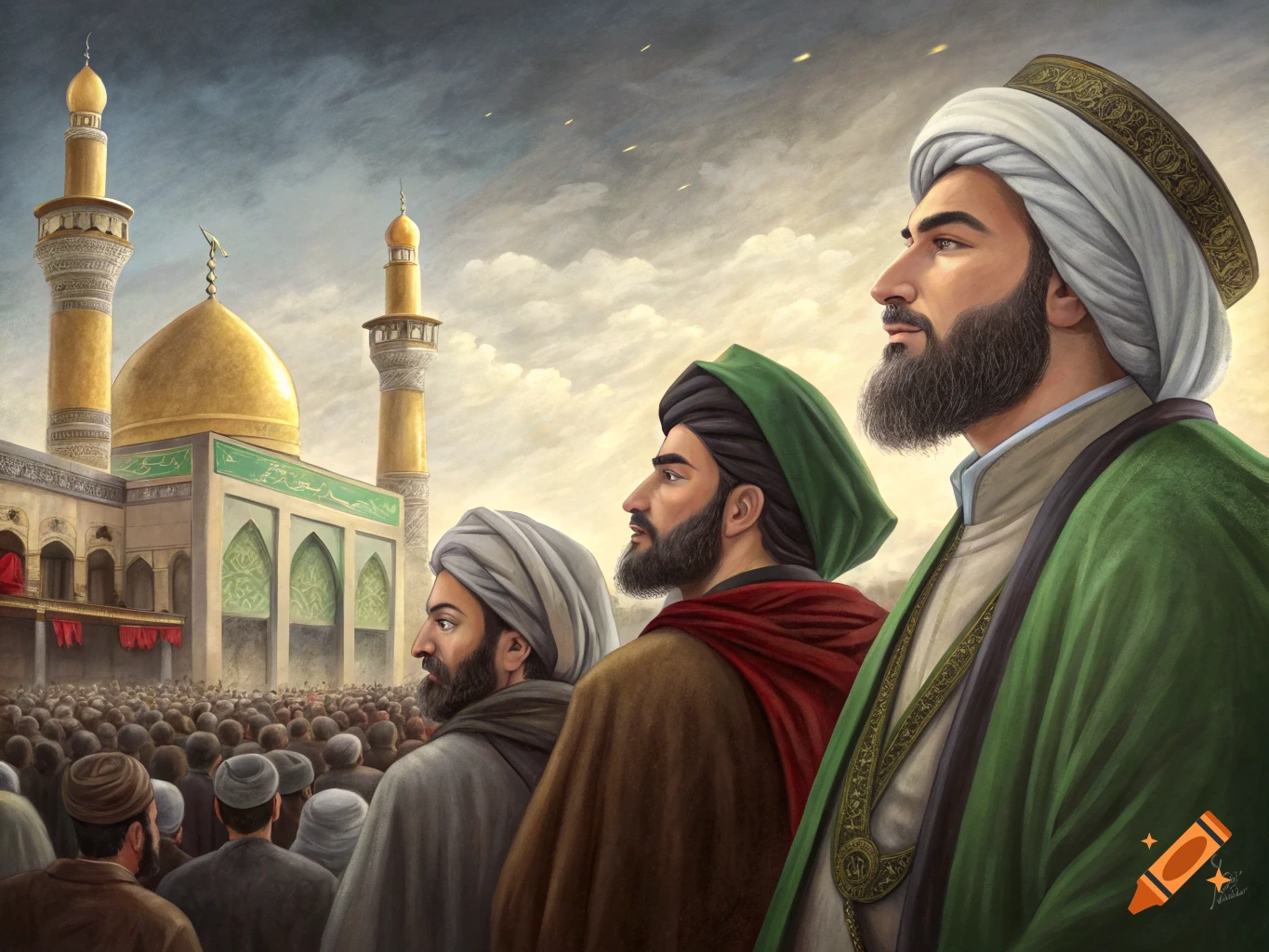 Painting of three men in traditional clothing looking towards a large mosque with a golden dome, with a crowd in the foreground.