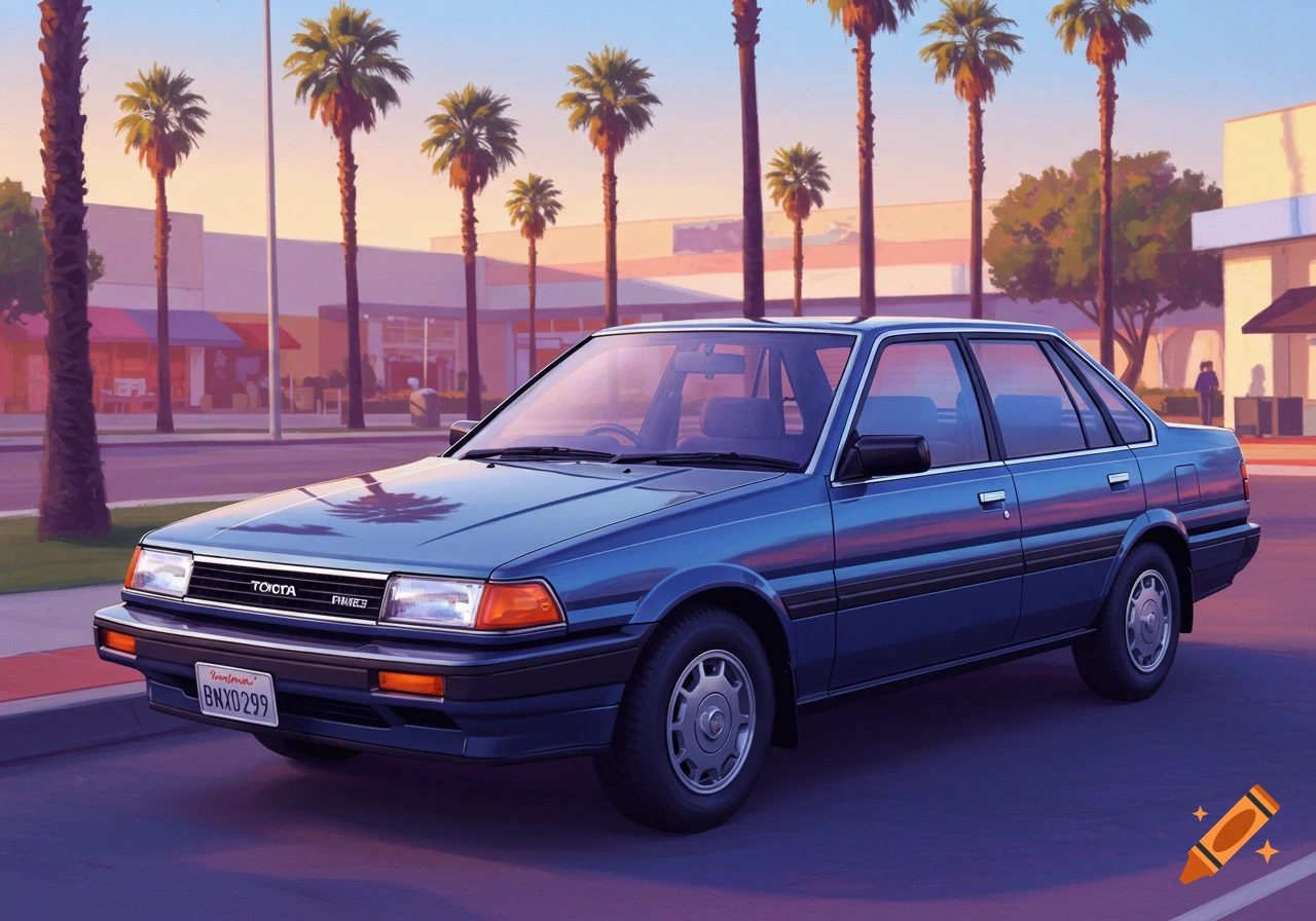 Blue 1985 Toyota Camry sedan parked in a lot with palm trees against a colorful sky. Digital illustration.