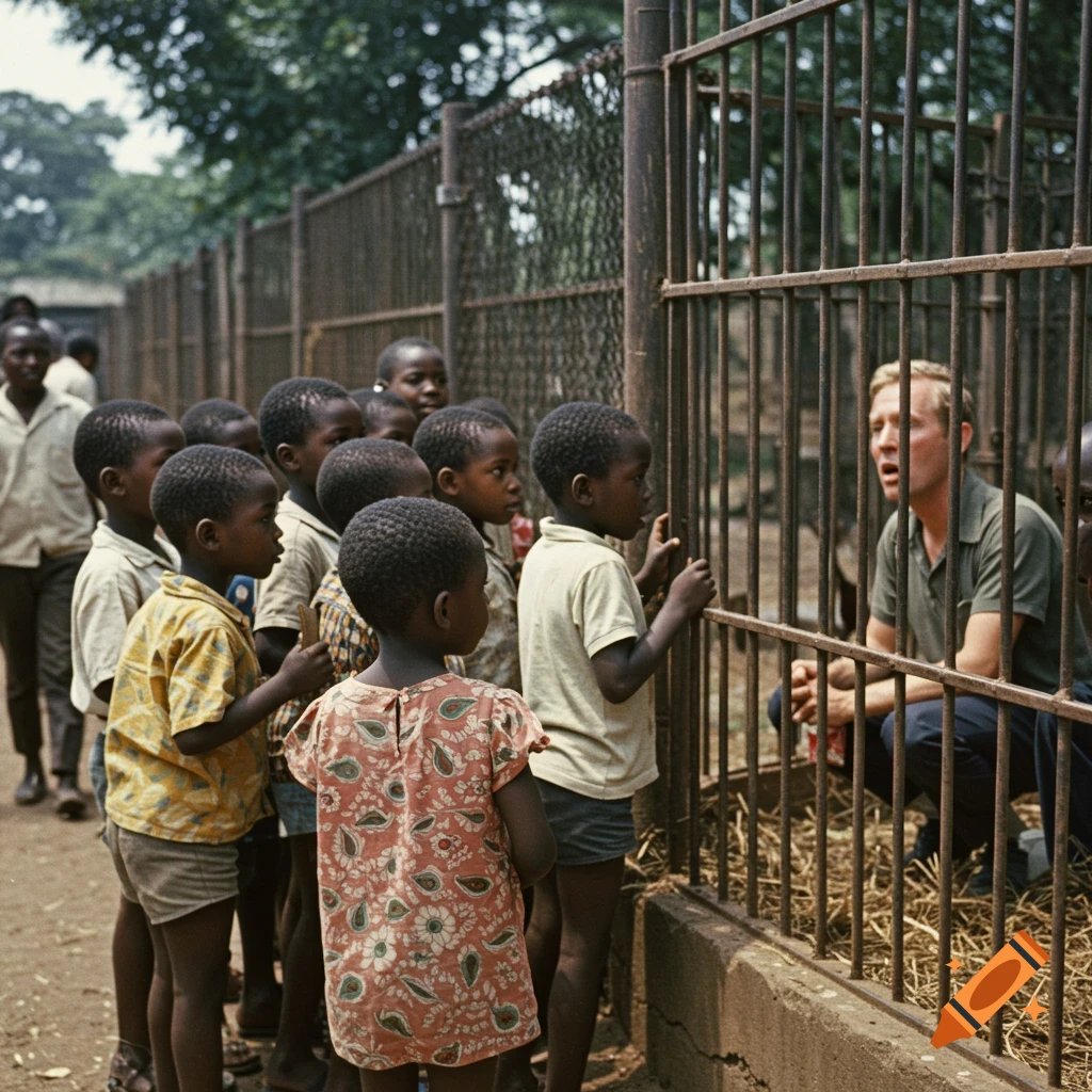 1960s colored photo of African children looking at a white man inside a cage at a zoo.