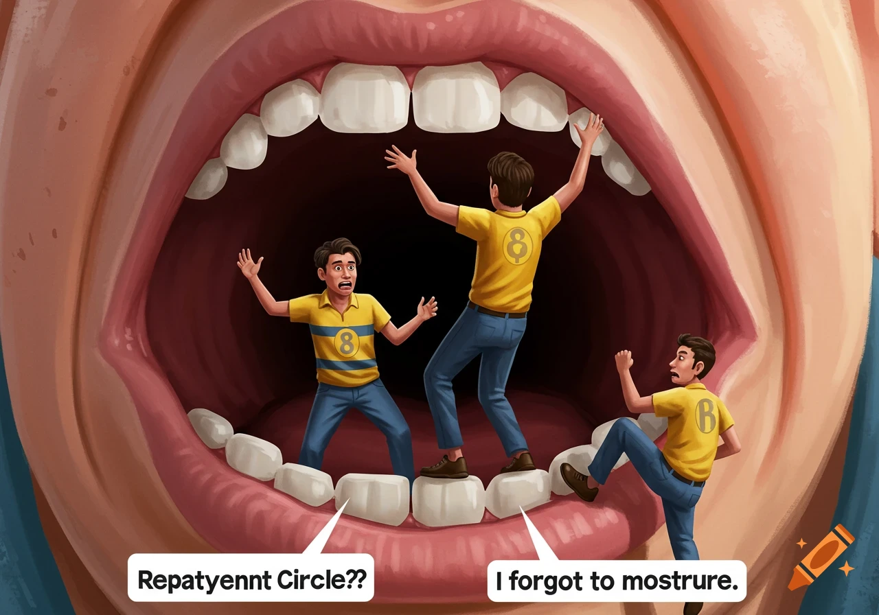 Cartoon of three small men inside a giant mouth standing on teeth, with speech bubbles containing incorrect text.