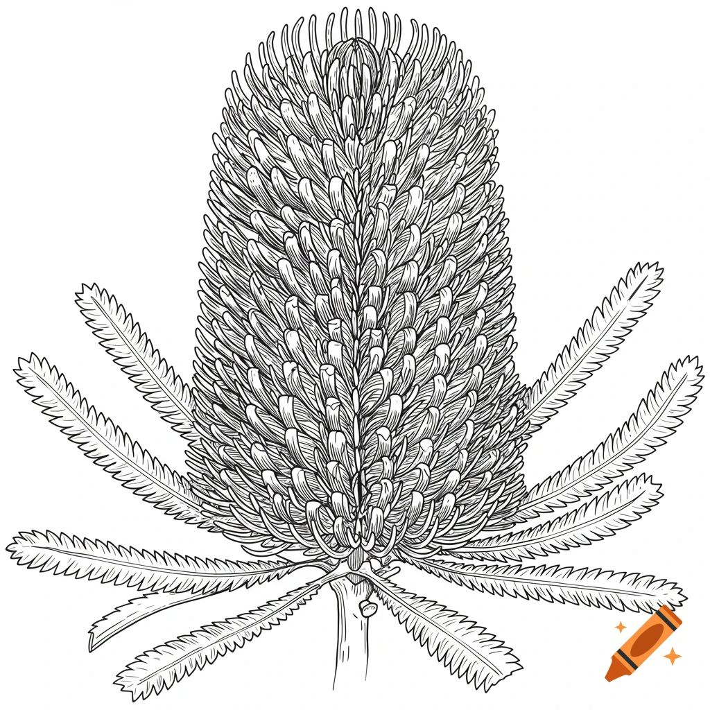 A black and white line drawing of a banksia flower.