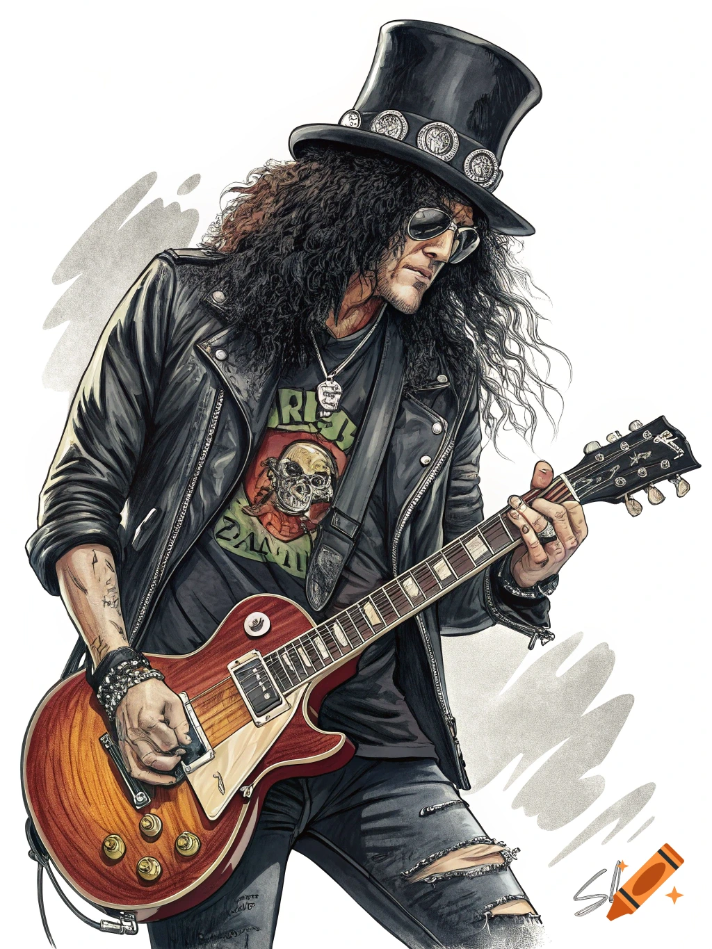 Illustration of a musician resembling Slash in a top hat and leather jacket playing an electric guitar.