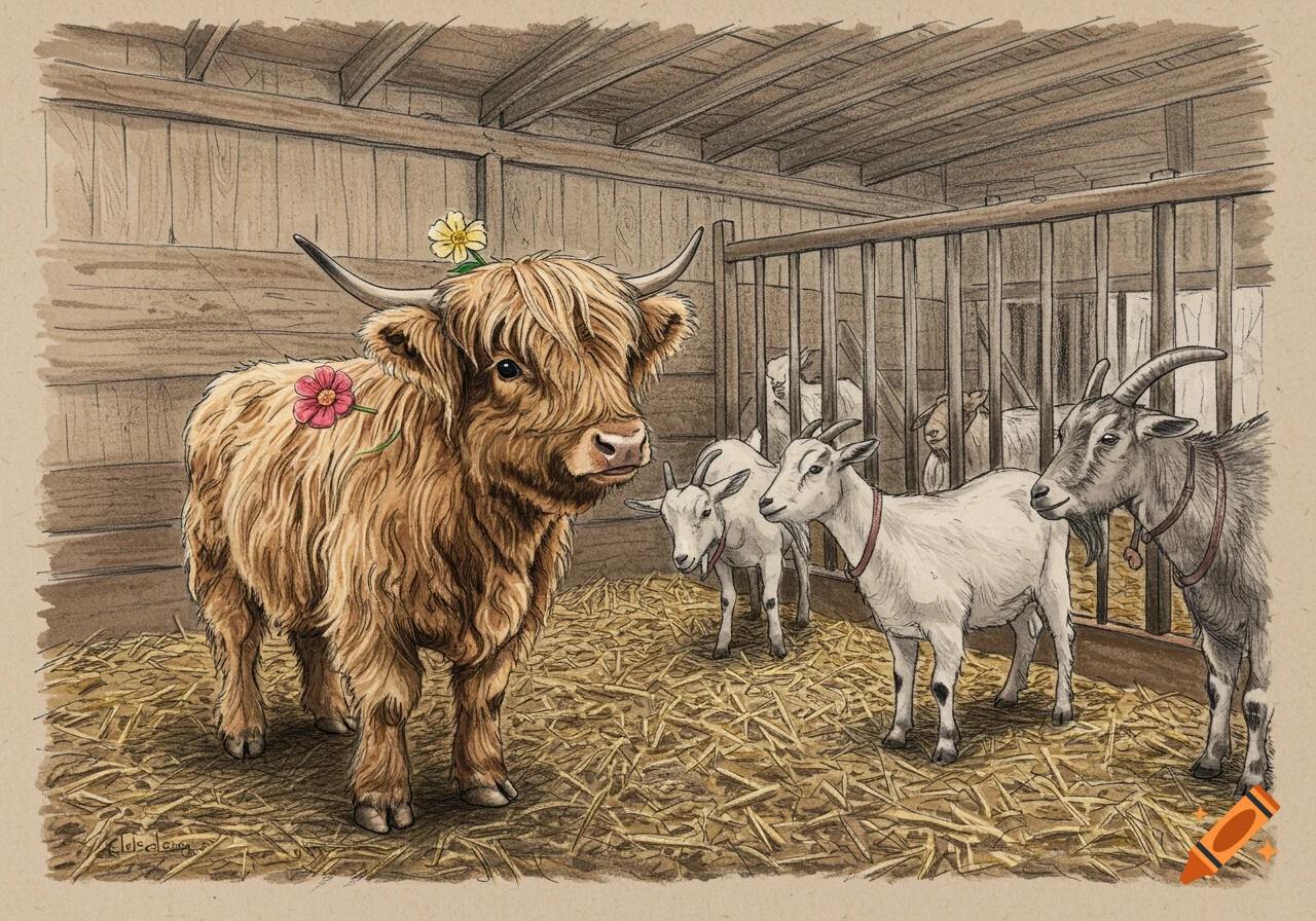 Pencil sketch of a baby highland cow with flowers talking to goats in a barn.