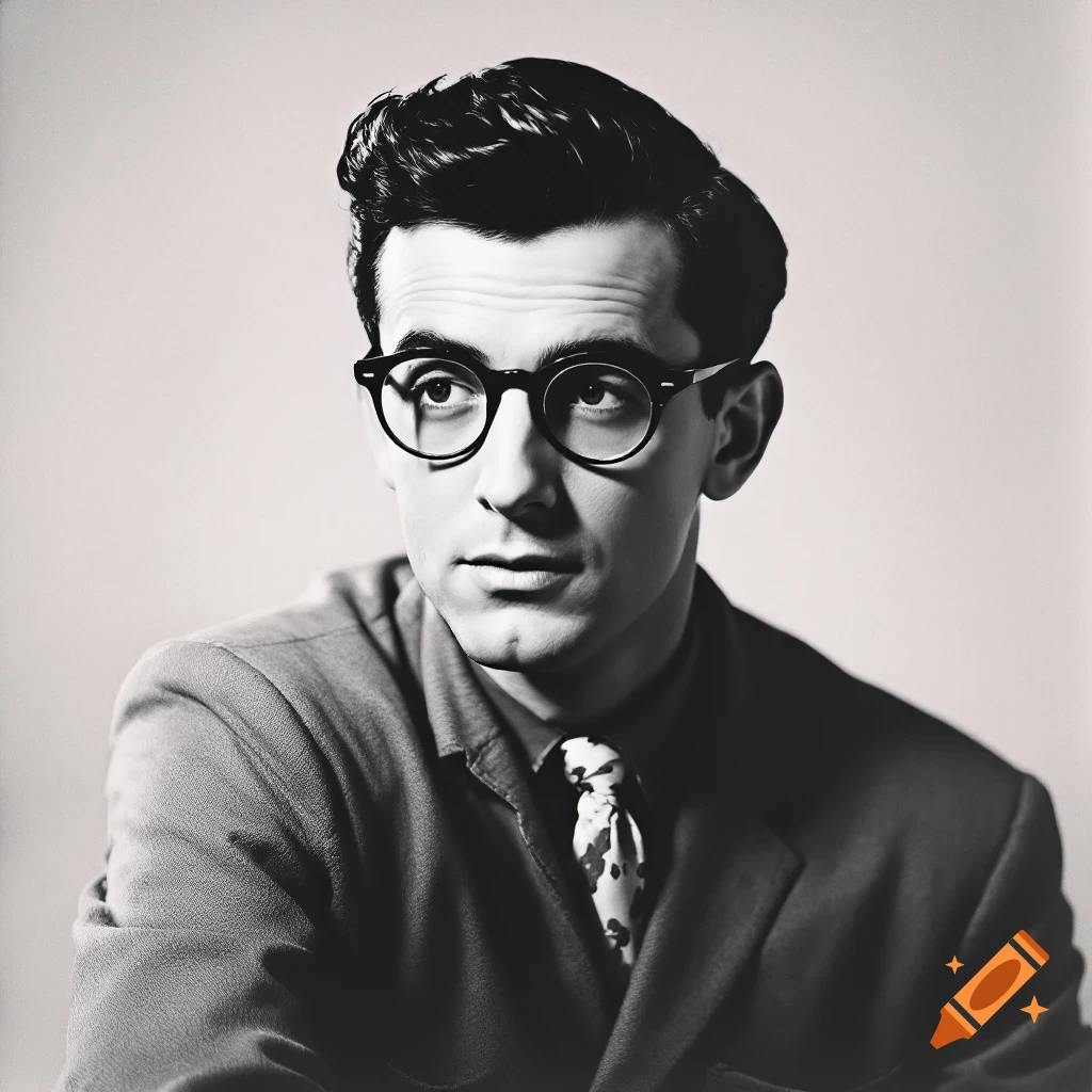 Black and white portrait of a man in glasses and a suit