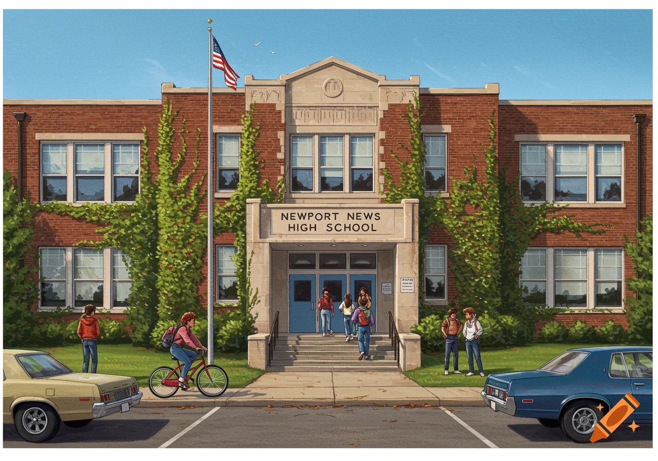 Illustration of Newport News High School building with students and cars in the foreground in an 80s style.