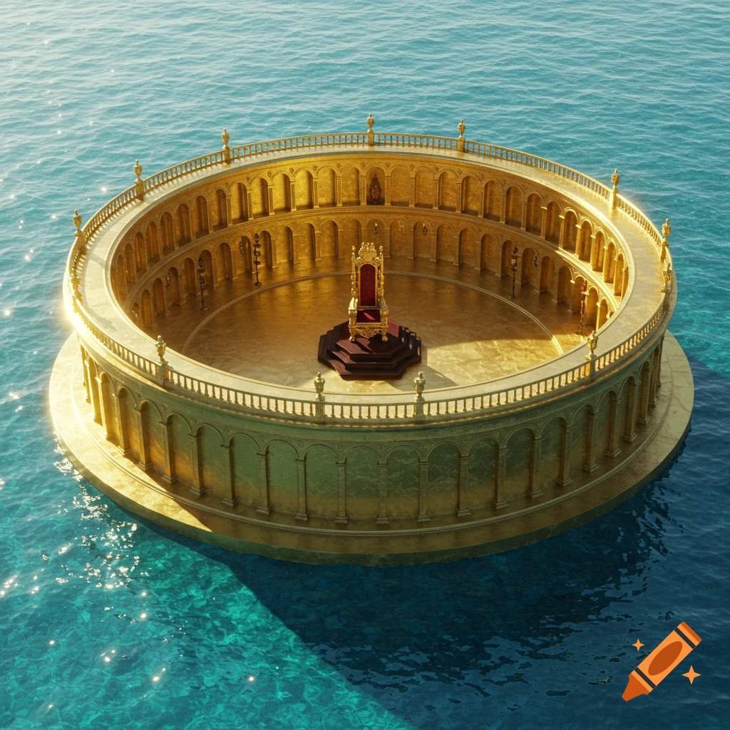 A golden circular castle-like structure with a throne sits on the water.