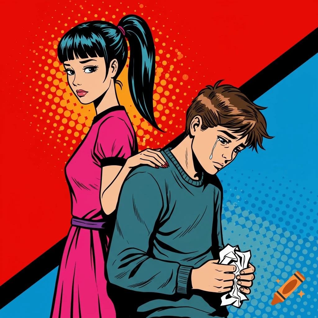 Pop art illustration of a girl with her hand on the shoulder of a sad, crying boy holding crumpled paper.