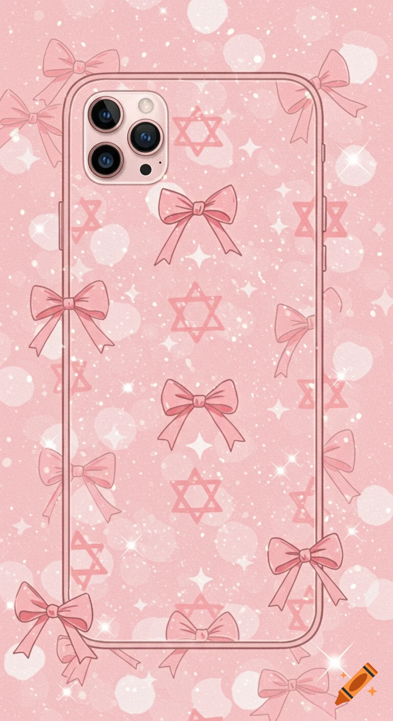 Pink phone case wallpaper with a pattern of pink bows, Stars of David, glitter, and bokeh.