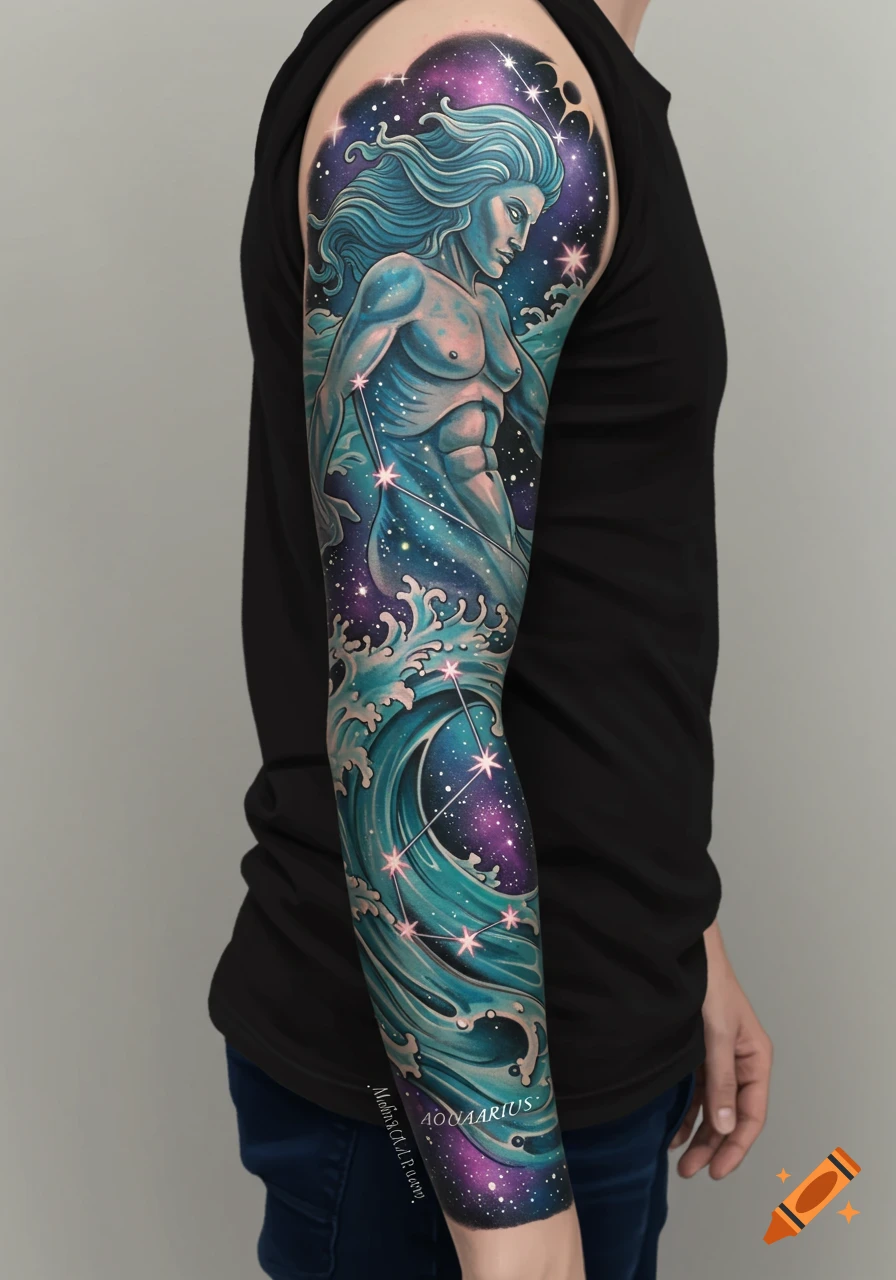 Colorful tattoo sleeve featuring the Aquarius constellation figure, stars, galaxy, and waves.